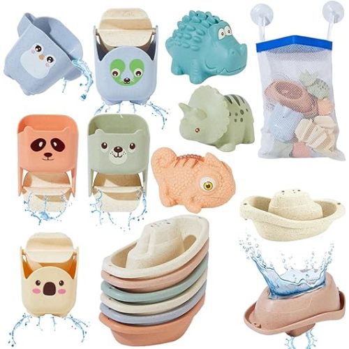 Baby Bath Toys for Kids Ages 1-3, 14 Pack Mold Free Toddler Bath Toys for 2-4 Bathtub Water Toys with Floating Boats & Bath Cups and No Hole Animal Floating Pool Toys for Babies 6-12 Months