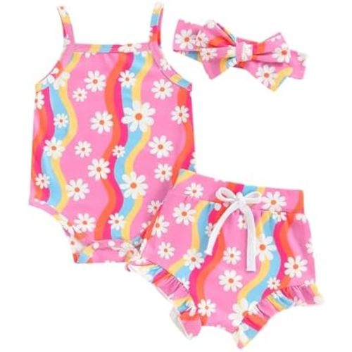 Baby Girl Summer Clothes Rainbow Floral Romper+Bloomer Shorts+Headband 3 Piece Shorts Set Newborn Outfit