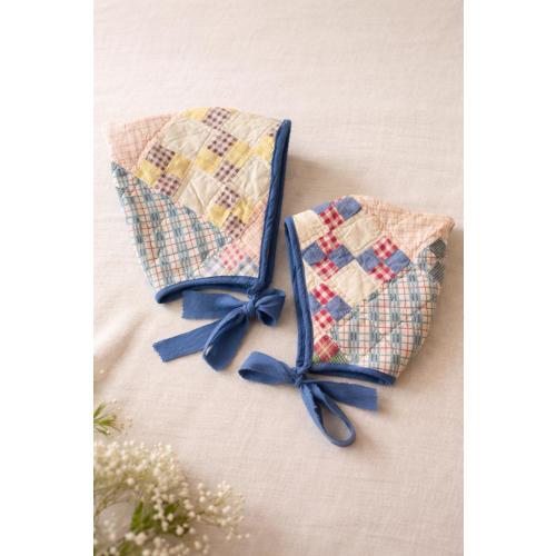 Vintage Quilt Baby Bonnet | One-of-a-Kind Pixie Bonnet | Handmade Cotton Heirloom Hat | Patchwork Infant Bonnet | Rustic Blue Gift