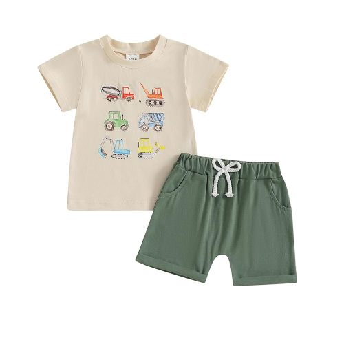 Murnouche Toddler Baby Boy Summer Clothes Excavator Print Letter T Shirt Casual Shorts Set