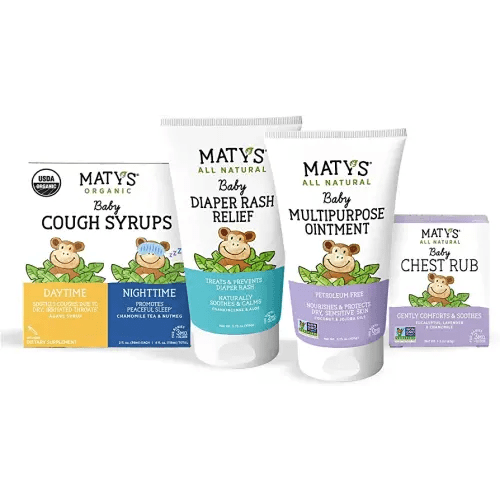 Matys Baby Essentials Kit, for Newborn Parents or Baby Registry Gift, All of Our Favorite Baby Care in One: Chest Rub, Multipurpose Ointment, Diaper Rash Relief, USDA Organic Baby Cough Syrups, 4 pcs