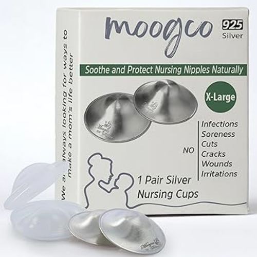 Moogco The Original Silver Nursing Cups - Nipple Shields for Nursing Newborn - Breastfeeding Essentials - Newborn Essentials Must Haves - Nipple Covers Breastfeeding - 925 Silver (X-Large)
