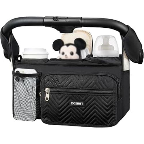 Universal Stroller Organizer with Insulated Cup Holder,Stroller Caddy Bag with Wet Wipes Pocket,Stroller Accessories Fits for Uppababy,Doona,Jogger,Britax,Mompush,BoB Strollers,Black