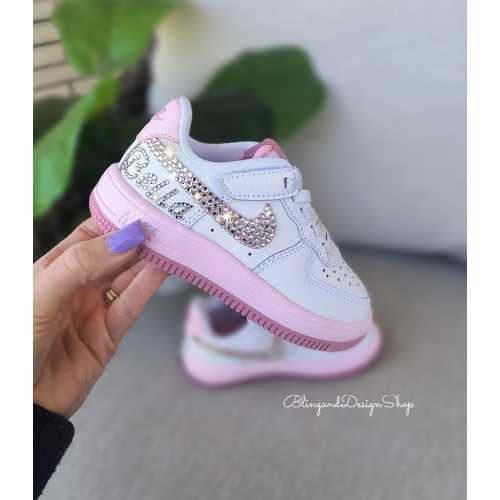 Personalized Name Bling Girls Shoes Air Force 1 Low Easy On Pink White Sneakers Customized with Crystals, Toddler Bling Shoes