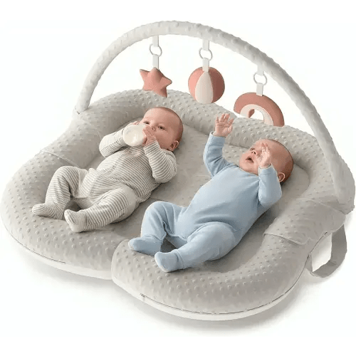 Twins Baby Play Mats for Floor Activity Gym - 5-in-1 Support Cushion Baby Play Mat Tummy Time Mat for Supervised Bonding with Arch, Plush Toys, Flashcards & Developmental Book - Grey