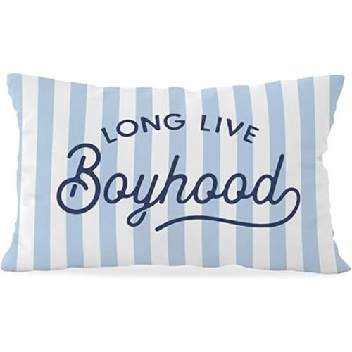 Boys Room Decor Pillow Cover 12x20, Long Live Boyhood Lumbar Pillow Covers, Preppy Blue and White Stripes Decor for Toddler Boys Bedroom Playroom Nursery