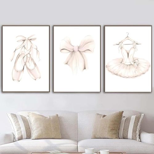 Ballet Dress Bow Wall Art Prints Set of 3 Ballerina Poster Nursery Canvas Painting Beige Dancing Shoes Tie Art Print Nordic Aesthetic Picture Girls Room Bedroom Decor 16x24 inch No Framed