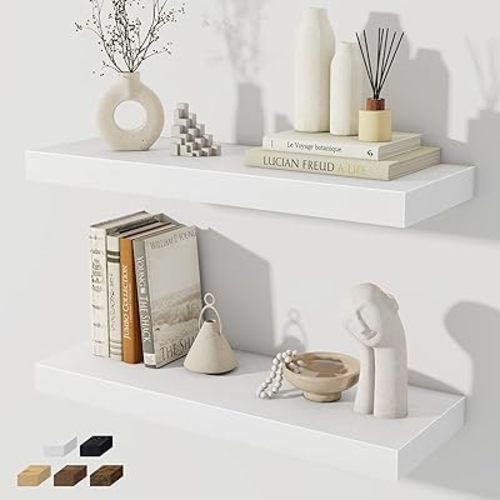 Floating Shelves for Wall, 24 Inch Floating Shelves Set of 2, Wall Mounted Rustic Wood Shelf for Bathroom, Living Room, Bedroom and Kitchen, Hanging Shelf for Storage, Books, Home Decor, White