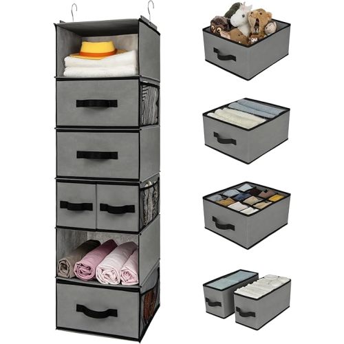 GRANNY SAYS Hanging Closet Organizer 6 Shelves, Closet Organizers and Storage with 5 Drawers, 6 Side Pockets Closet Hanging Organizer, Hanging Storage Organizer for Closet, Baby Clothes, Gray