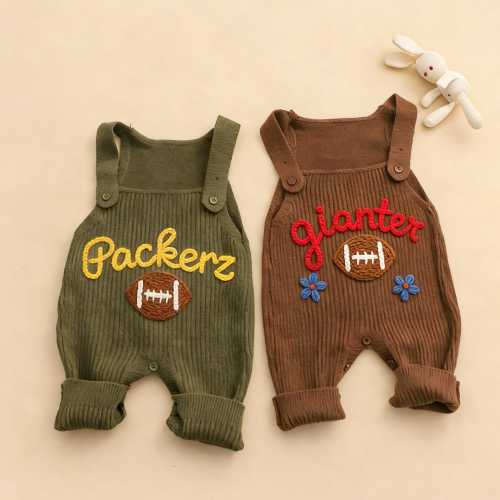 Baby Football Romper, Custom Name Baby Romper, Football Onesie Overalls, Hand Embroidered Baby Football Outfit, Baby Dungarees with Name