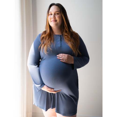 Riley Ribbed Bamboo Maternity & Nursing Nightgown | Slate Blue - Kindred Bravely
