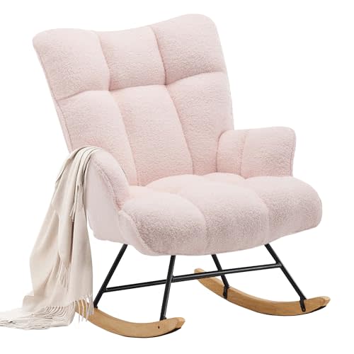 Zedachica Pink Teddy Nursery Rocking Chair - Soft Fleece Fabric, Ergonomic & Adjustable, Indoor Use Only