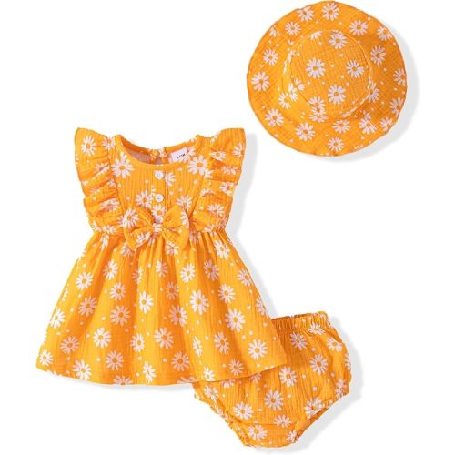 Vibebox Baby Girl Ruffle Sleeveless Bow Dresses Toddler Girl Princess Summer Dress Birthday with Hat and Underwear Outfits