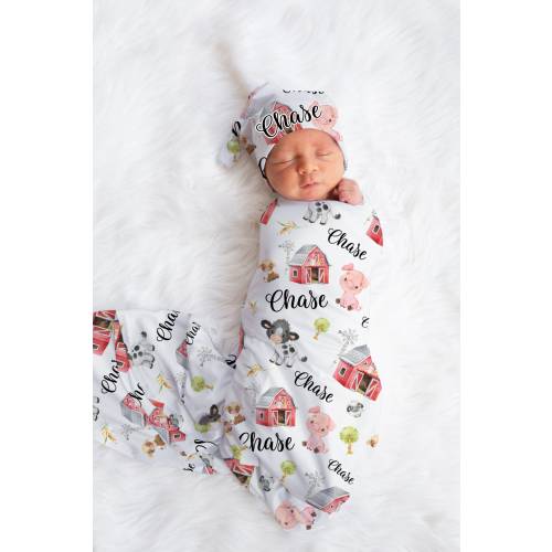 Farm Swaddle Set, Farm Baby Blanket, Personalized Farm Baby Blanket, Farm Nursery Theme, Newborn Blanket, Cow Pig Barn Horse Blanket C1