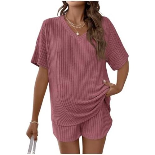 SweatyRocks Women's Maternity 2 Piece Outfits V Neck Short Sleeve Top and Elastic Waist Shorts Set