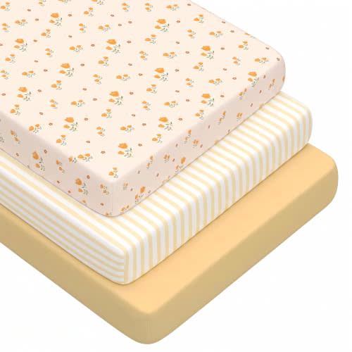 3 Pack Crib Sheets for Girls – Fitted Crib Sheets for Standard Crib Mattress and Toddler Mattress, Ultra Soft Breathable Washable Polyester, 28x52inch, Yellow & Flower