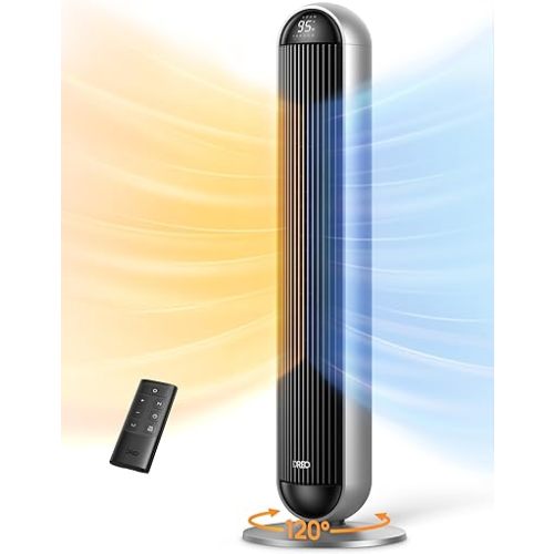 Dreo Tower Fan and Heater Combo, 29.2ft/s Standing Fans for Bedroom, 17 Levels, 6 Modes, 120° Oscillation, 42 Inch, 12H Timer, 25dB Quiet, with Remote, for Office, Large Room, Silver