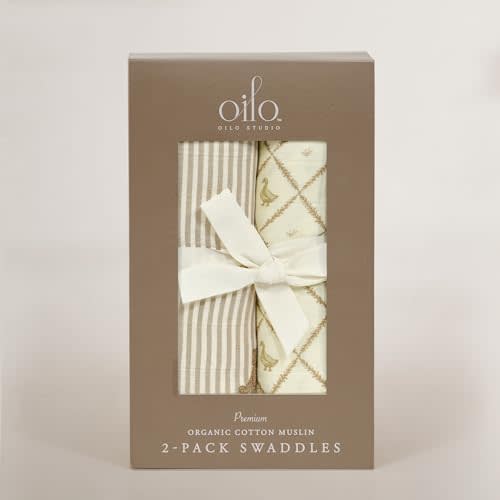 Oilo Premium Muslin Swaddle Blanket Set, Breathable 100% Organic Cotton 4-Way Muslin, Soft Large Receiving Blanket (46" x 46"), 2-Pack, Bear & Butter Yellow Duck