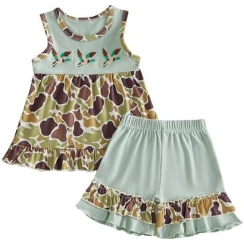 Toddler Baby Girl Hunting Clothes Mallard Duck Camo Sleeveless Tank Top Ruffle Shorts Set 2Pcs Girls Summer Outfits