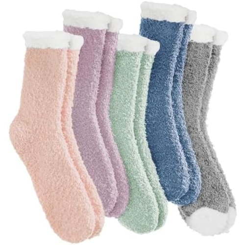 VoJoPi 5 Pairs Fuzzy Socks for Women - Microfiber Super Soft Fluffy Warm Winter Home Bed Cute Sleeping Cozy Socks, US 5-10