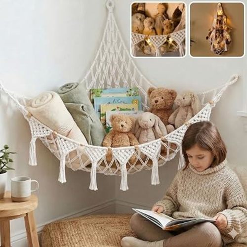 Snow White Macrame DreamLights Boho Stuffed Animal Storage Net (Extra Large) and Hammock for Small Plushies - Pure Cotton