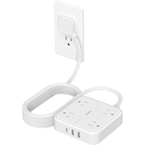 Surge Protector Flat Extension Cord 15Ft, TESSAN Flat Plug Power Strip with 4 Outlets 3 USB Ports (1 USB C), 900 Joules Protection, Multiple Wall Outlet Extender Suitable for Home Office Dorm, White