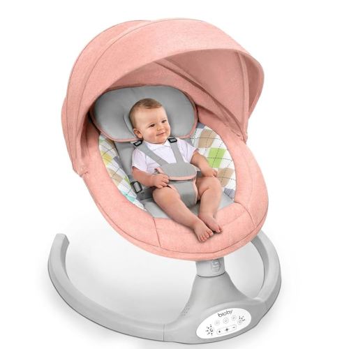 Bioby Baby Swing for Infants with 5 Natural Sway Speeds, Portable Bt Music Baby Bouncer with Remote Control & 5-Point Harness, Lightweight Baby Rocker for 5-20 Lb,0-12 Months Pink