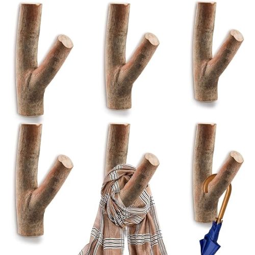 DEAYOU 6 Pack Wood Wall Hooks, Tree Branch Real Wooden Hooks for Hanging, Adhesive Farmhouse Rustic Hat Coat Hooks Wall Stickers for Towels, Bags, Scarves, Keys, Decoration (Width 0.8"-1.2")