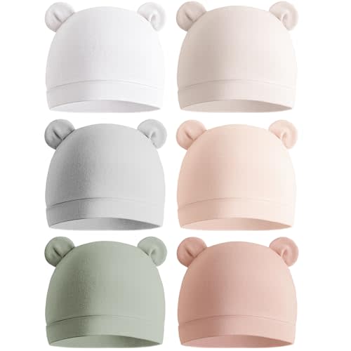 Konssy 6-Pack Baby Newborn Hats with Bear Ears Baby Beanie Hats - Soft Caps for Infant Boys & Girls, 0-3 Months