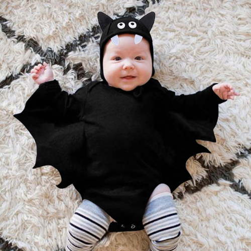 Halloween Outfit One-piece dress with headwear for Toddlers Long-sleeved long pants Black Bat Jumpsuit Baby Winter Clothes 0-3 Months