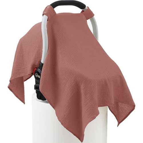 100% Muslin Cotton Car Seat Cover Baby, Carseat Canopy Cover, Universal Fit Stroller Covers for Boys and Girls (Blush)