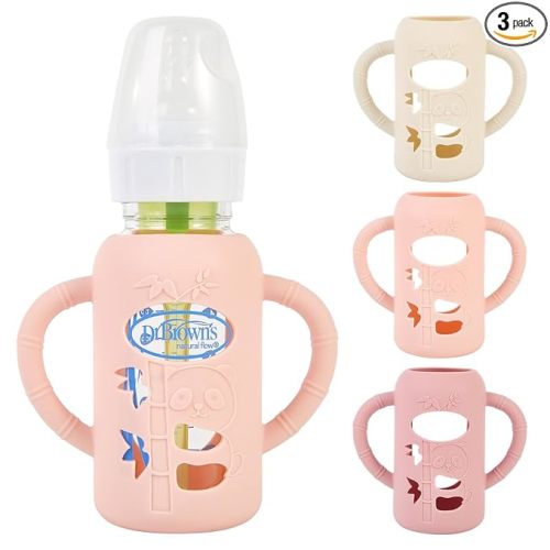 MINMUNJIU 3 Pack Silicone Sleeves for Dr. Brown's Glass Baby Bottles, Anti Breakage Baby Bottle Holder with Handles for Baby Girls, Compatible with Dr. Brown's Glass Baby Bottle, 4 oz/120 mL