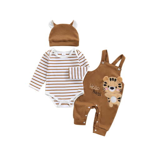 BemeyourBBs Newborn Baby Boys Spring Fall Winter Outtf Hospital Coming Home Outfits Long Sleeve Striped Romper Tiger Embroidered Overalls Pants Hat 3Pcs Outfits Set