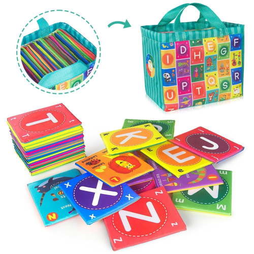 Educational Zoo Alphabet Flash Cards - 26pcs Soft Washable Baby Toy with Cloth Bag