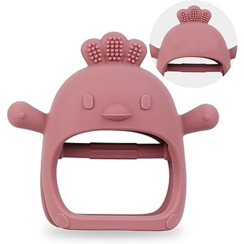 Baby Teether Toy for Infants 3–12 Months, Silicone Chew Toy with Easy Grip Handle, Textured Surface for Teething Stage, One-Piece Design, Lightweight Travel-Friendly (Chicken Dark Pink)