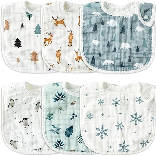 Zainpe 6Pcs Snap Muslin Cotton Baby Bibs Cute Themes Snowflake Penguin Pattern Infants Drooling Bib Adjustable Burp Cloth Soft Absorbent Feeding Cloths for Unisex Newborn Toddler Teething Eating