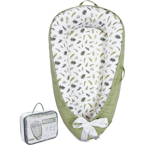 Baby Lounger | Organic Cotton Infant Lounger | Reversible, Adjustable & Portable Floor Lounger |Supervised Use | Soft, Breathable, Washable Cover - Star Collection (Sage Leaf)