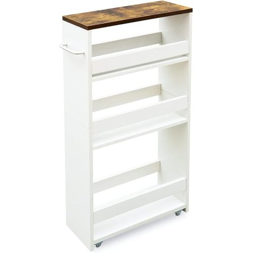 TEAMIX 4 Tier White Slim Storage Cart with Handle, Slide Out Storage Rolling Utility Cart Mobile Shelving Unit Organizer Trolley for Small Spaces Kitchen Laundry Narrow Places