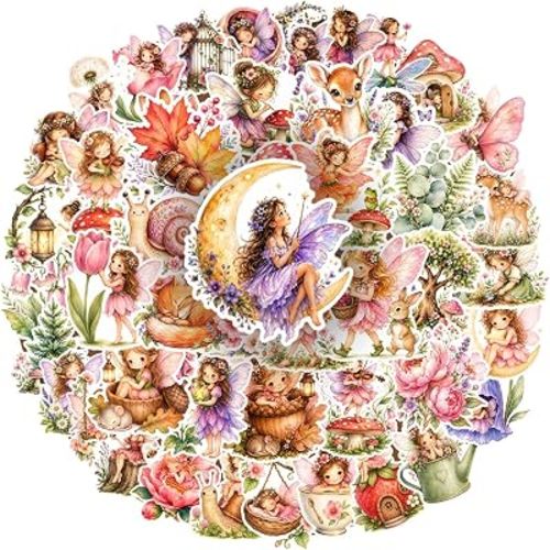 50PCS Fairy Stickers, Waterproof Vinyl Woodland Fairy Stickers for Water Bottles, Laptop, Phone Case, Scrapbook, Journal, Whimsical Forest Fantasy Decals, Party Favors & Gifts for Kids, Teens & Adults