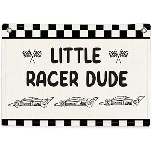 SJDFCSA Race Car Room Decor, Little Racer Dude Canvas Banner Wall Decor, Trendy Black White Checkered Wall Art Hanging Banner Flag for Boys Nursery Room Bedroom Playroom, 30x20 Inch