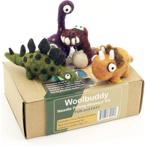 Woolbuddy Needle Felting Kit - Felted Dinosaurs for Beginners, Adults & Kids, Includes Wool, Pad, 4 Needles, and Instructions