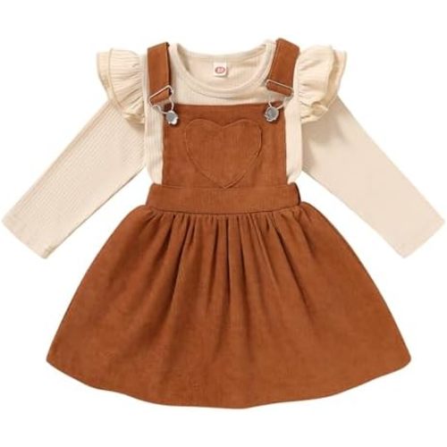 Toddler Baby Girl Fall Outfit Long Sleeve Stripe T-Shirt and Strap Dress Overall with One Pocket Clothes Sets