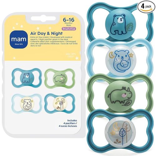 MAM Air Pacifier for Babies 6-16 Months, Extra Air Flow for Sensitive Skin, Glows in The Dark, Developed with Medical Experts, BPA-Free Skin Soft Silicone, 4 Count, Made in Europe