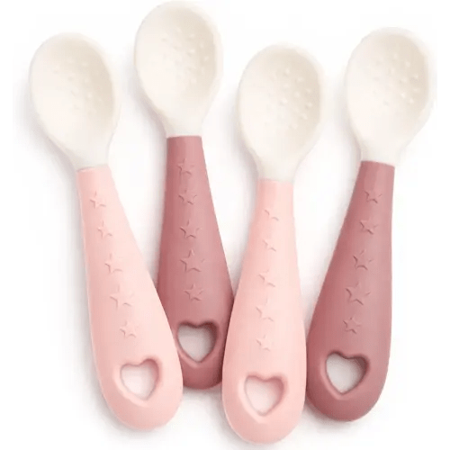 Seposeve - Paquete de 4 cucharas de silicona para bebé, cucharas suaves para primera alimentación para bebés, utensilios de alimentación para bebés, mango de fácil agarre, sin BPA, apto para lavavajillas, 2 rosas y 2 moradas