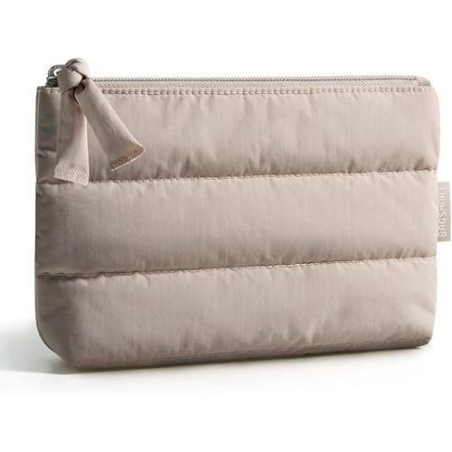 BAGSMART Small Makeup Bag, Puffy Portable Cosmetic Pouch with Charm Zipper, Water-Resistant Travel Organizer for Women (Camel, Small)