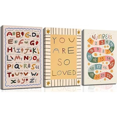 3Pcs Nursery Playroom Canvas Wall Art Kids Alphabet Numbers Pictures Wall Decor Kids Room Inspirational Learning Posters Prints for Nursery Baby Toddler Boy Room Girl Room Classroom Decorations