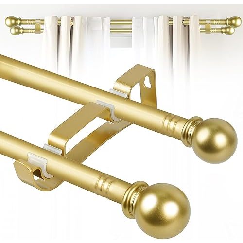 Double Curtain Rods for Windows Set 32 to 64 Inch,Gold Curtains Rod with 2PCS Drapey Pole Brackets,Small Extra Long 5/8" Diameter Blackout Cortineros Para Ventanas for Bedroom,Living Room