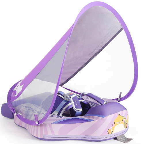 Mambobaby Non-Inflatable Baby Pool Float with Tail and Canopy UPF 50+ Sun Protection No Flip Over Infant Swim Float Skin-Friendly Mambo Float Swim Trainer Solid Baby Swimming Ring Foldable Style