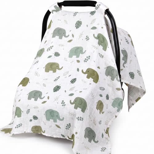 Baby Car Seat Cover, Breathable Sun Shade Canopy for Infant Carseat | 100% Muslim cotton,Lightweight & Breathable, 360° full coverage blocks sun & wind, machine washable, fits all car seats