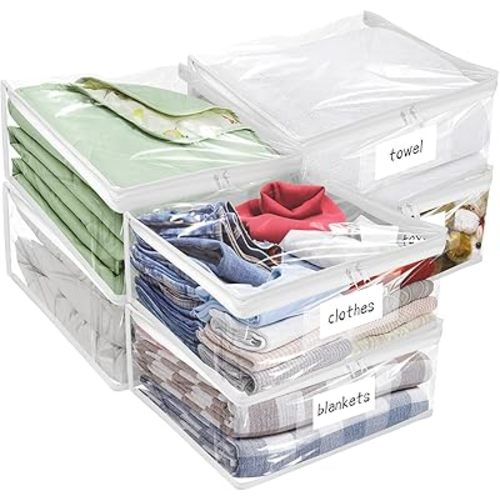 Plastic Storage Bags with Easy-Glide Zipper, Pack of 6, Durable Clear Vinyl Zippered Storage Bags for Clothes Sweaters Comforters Blankets Sheets Bedding (15.7 x 13.8 x 3.9 Inch, White)